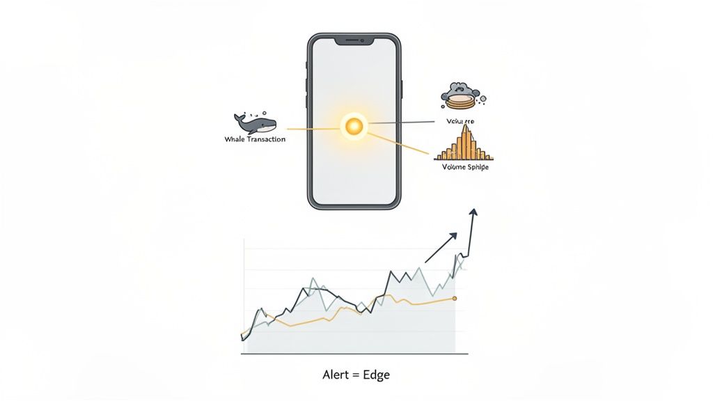 A smartphone displays crypto market alerts from whale transactions and volume spikes, showing a price edge.