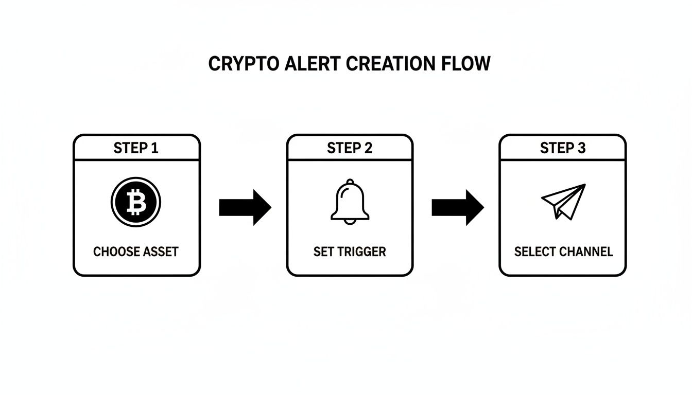 A diagram illustrating the three-step crypto alert creation flow: choose asset, set trigger, and select channel.
