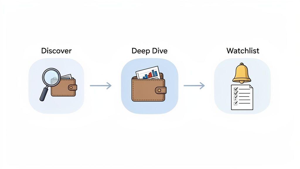 A three-step financial analysis process showing Discover, Deep Dive, and Watchlist with icons.