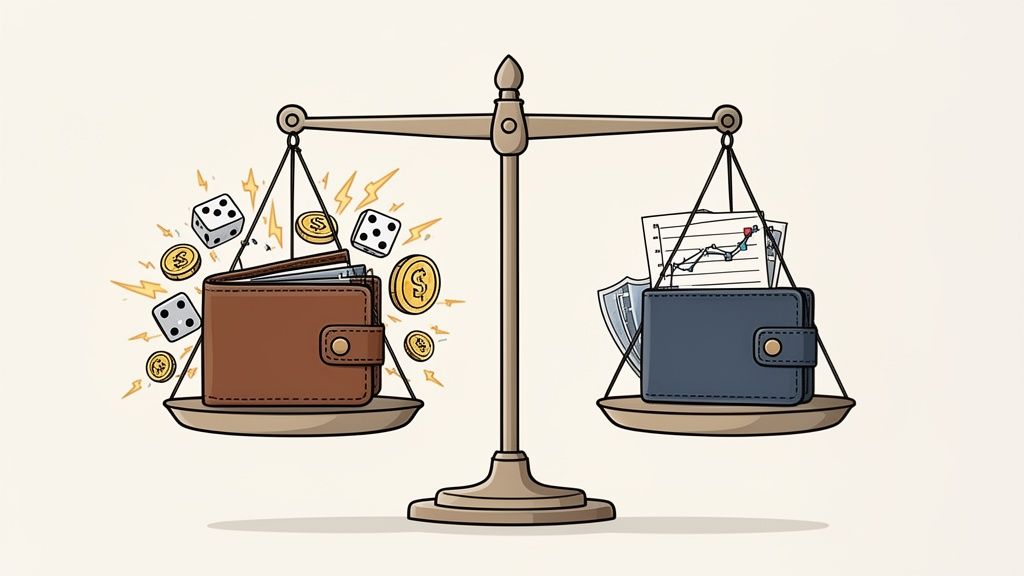 A balance scale compares a wallet with dice and coins (risk) to another with charts and a shield (security).