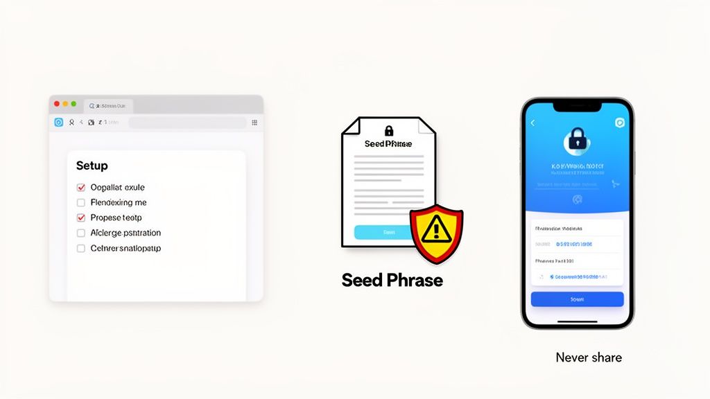 A setup checklist, a seed phrase document with a warning shield, and a locked phone, emphasizing never sharing private data.