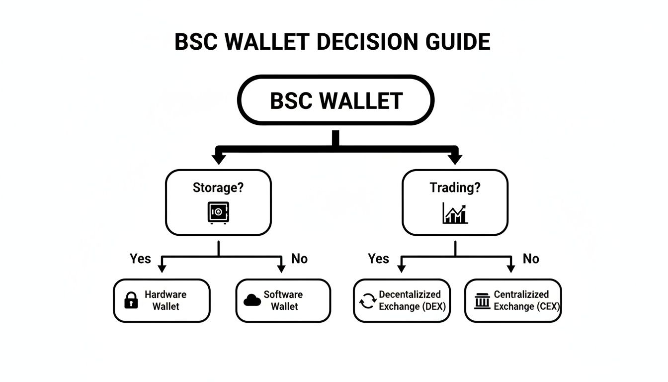 Flowchart guiding users on choosing a Binance Smart Chain wallet based on storage or trading needs.