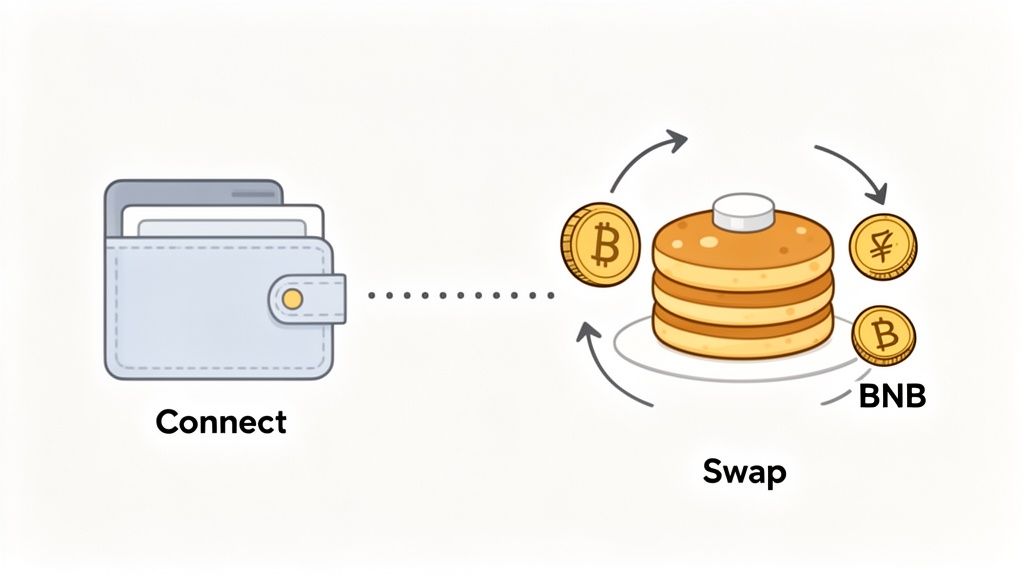Illustration showing a wallet connecting to an exchange to swap cryptocurrencies like Bitcoin and BNB.