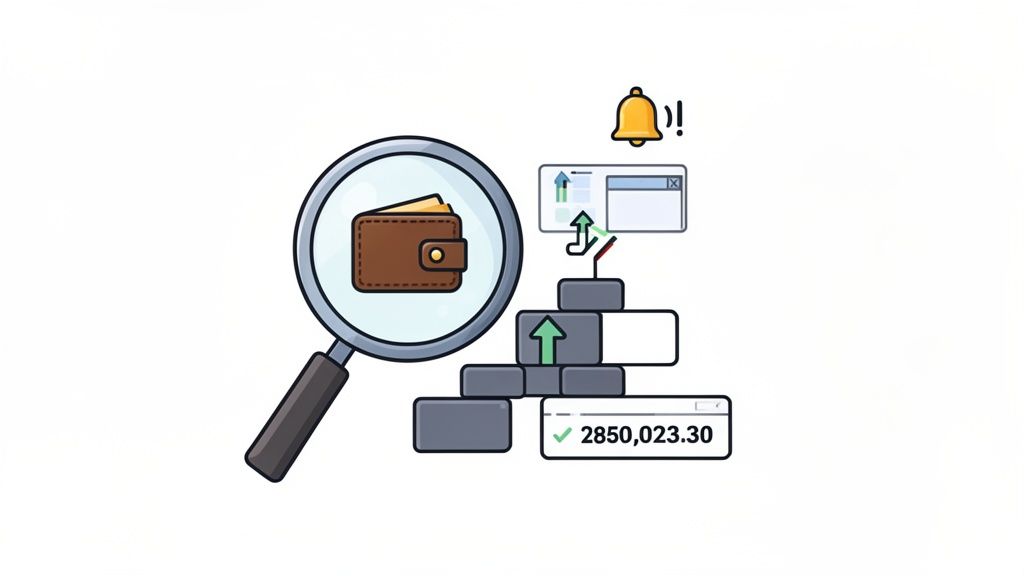 An illustration showing a wallet under a magnifying glass, financial growth, and profit notifications.