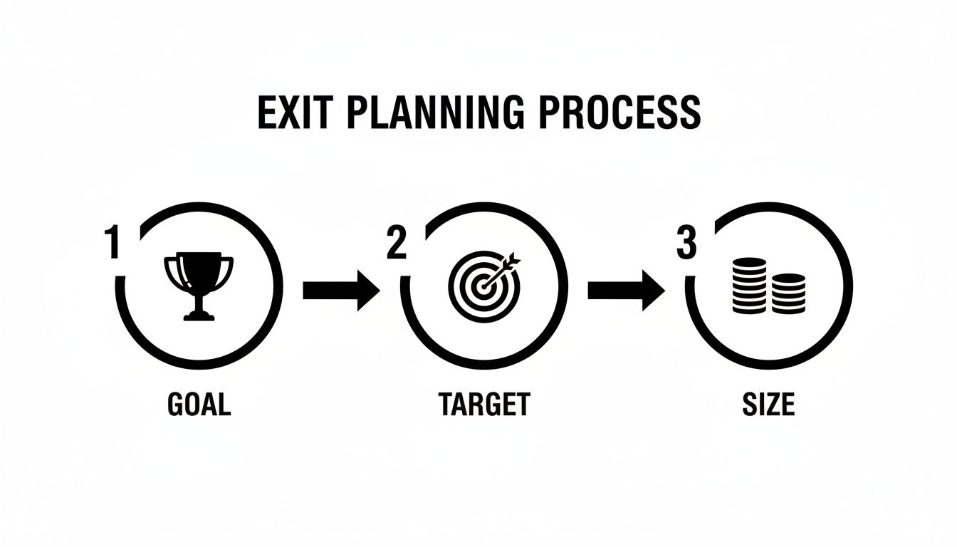 Black and white infographic showing the Exit Planning Process: Goal, Target, Size with icons.