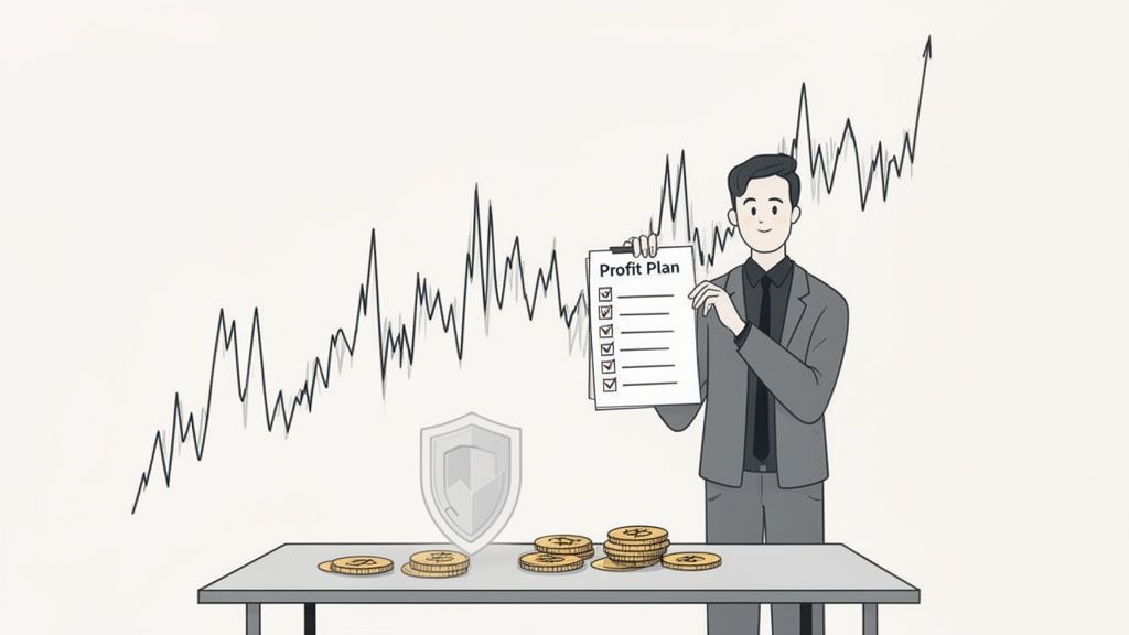 A man in a suit holding a profit plan checklist, with a rising financial graph and gold coins.