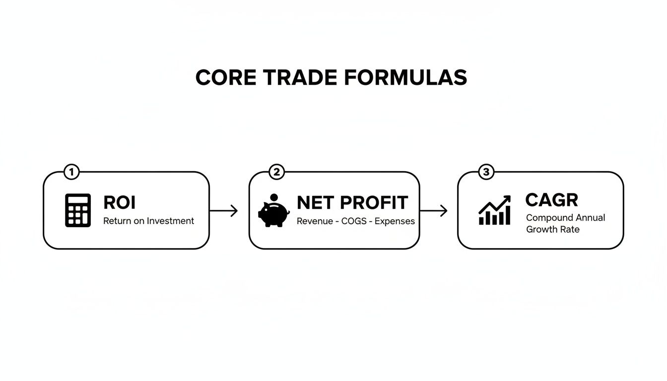 Flowchart illustrating core trade formulas: ROI, Net Profit (Revenue - COGS - Expenses), and CAGR.