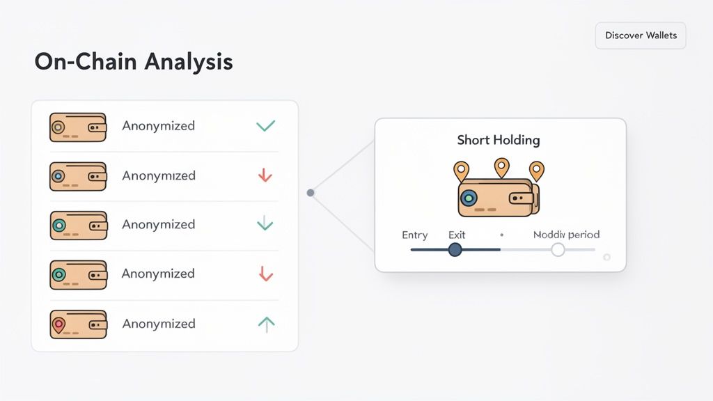 On-Chain Analysis dashboard showing anonymized crypto wallets and a short holding period chart.