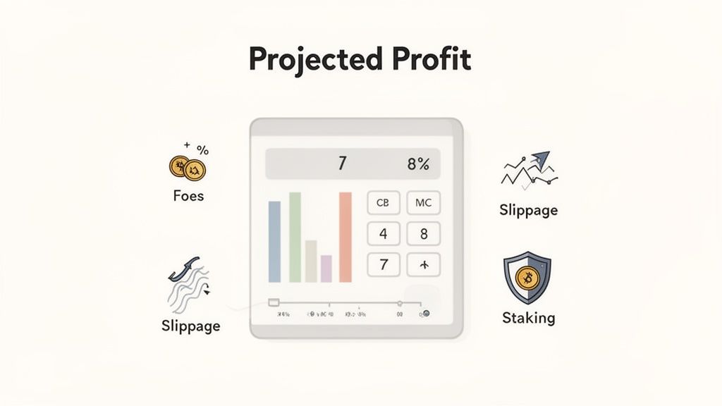 A diagram titled 'Projected Profit' showing a calculator with a bar chart and icons for Foes, two types of Slippage, and Staking.