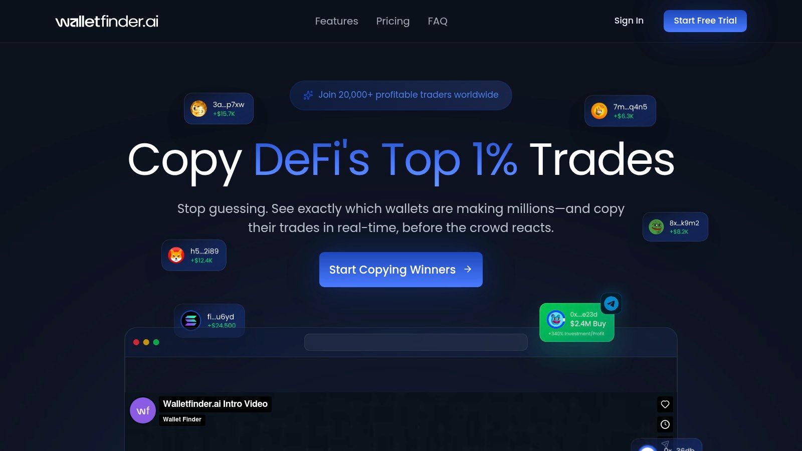 A dashboard showing DeFi trading analytics with charts and wallet performance metrics.