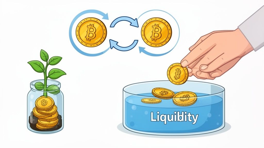 Cartoon illustrating Bitcoin investment growth, token exchange, and providing liquidity to a crypto pool.
