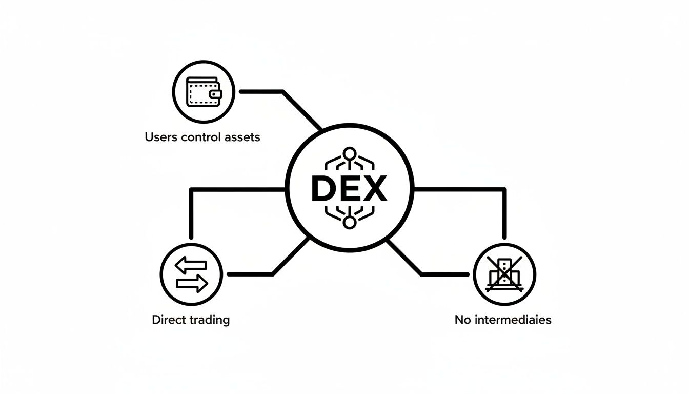 A diagram explaining DEX features: users control assets, direct trading, and no intermediaries are involved.