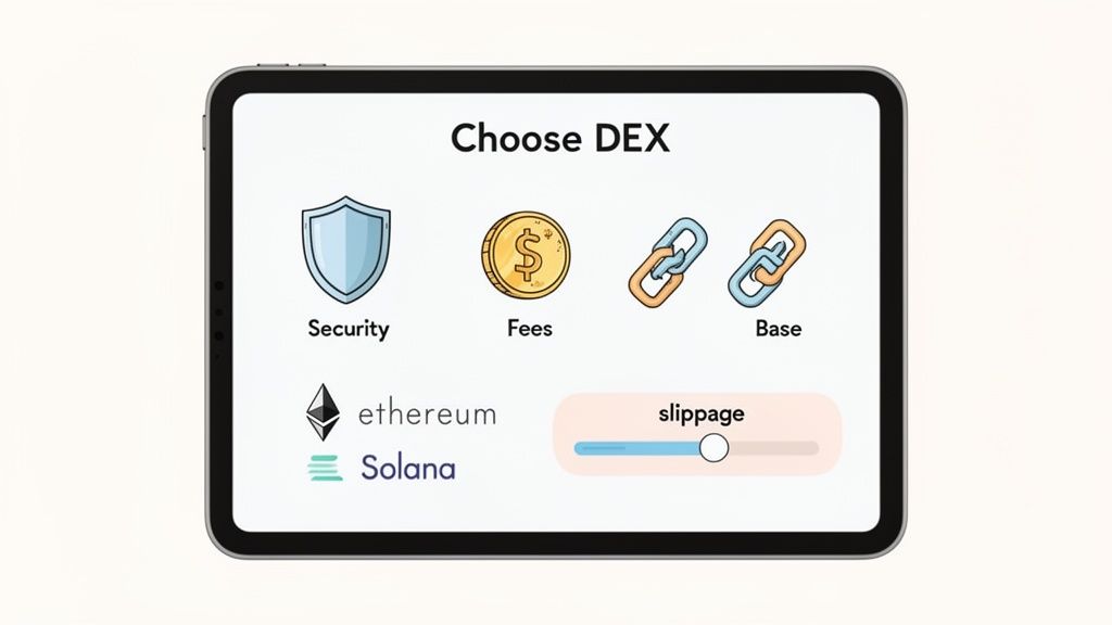 A tablet displays a 'Choose DEX' app interface with options for security, fees, base, Ethereum, Solana, and slippage.