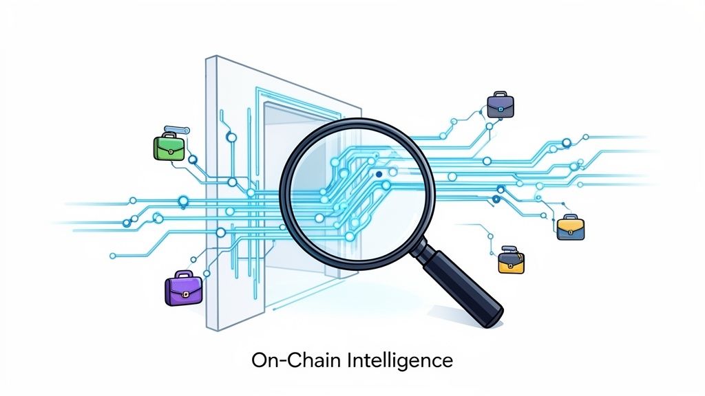 A magnifying glass examining a digital circuit board with connected colorful briefcases, illustrating on-chain intelligence and data analysis.