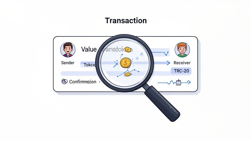 An illustration showing a blockchain transaction with sender, receiver, value transfer, and confirmation, magnified for detail.