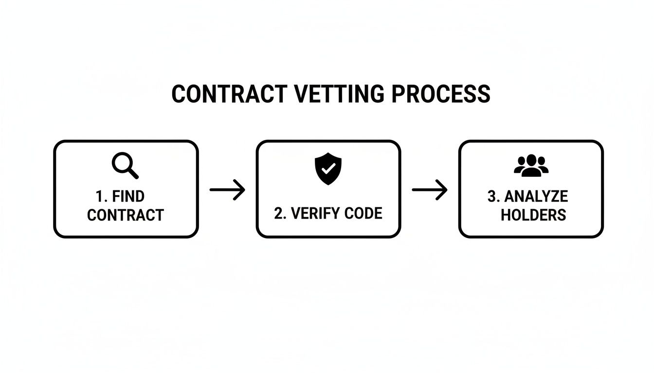 Flowchart illustrating the contract vetting process: find contract, verify code, analyze holders.