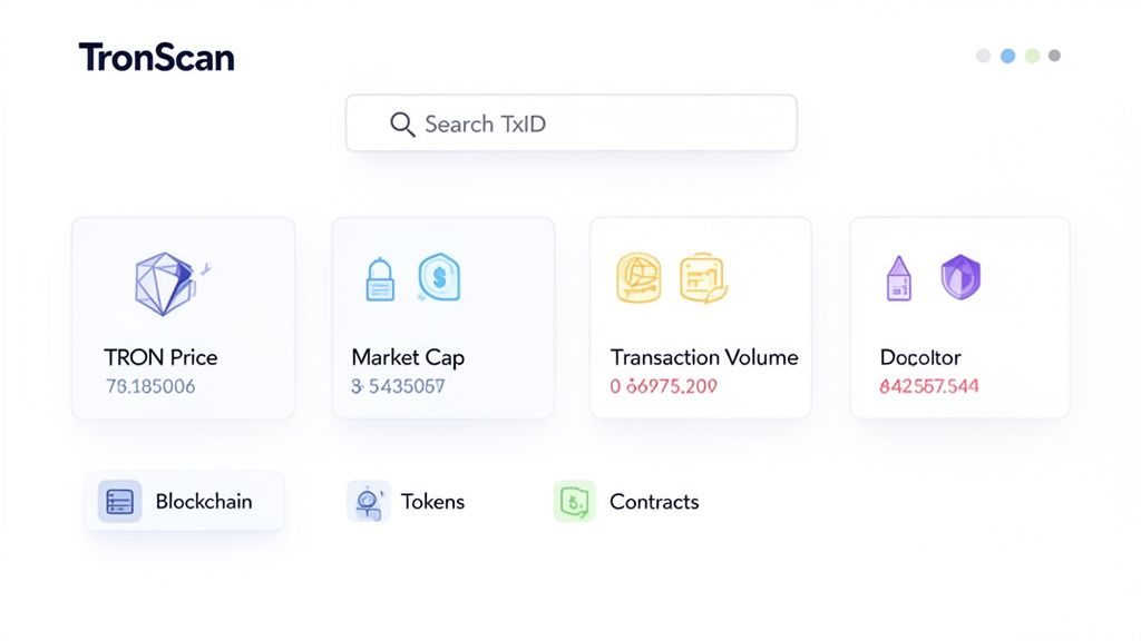 TronScan block explorer dashboard showing TRON price, market cap, transaction volume, and navigation options.