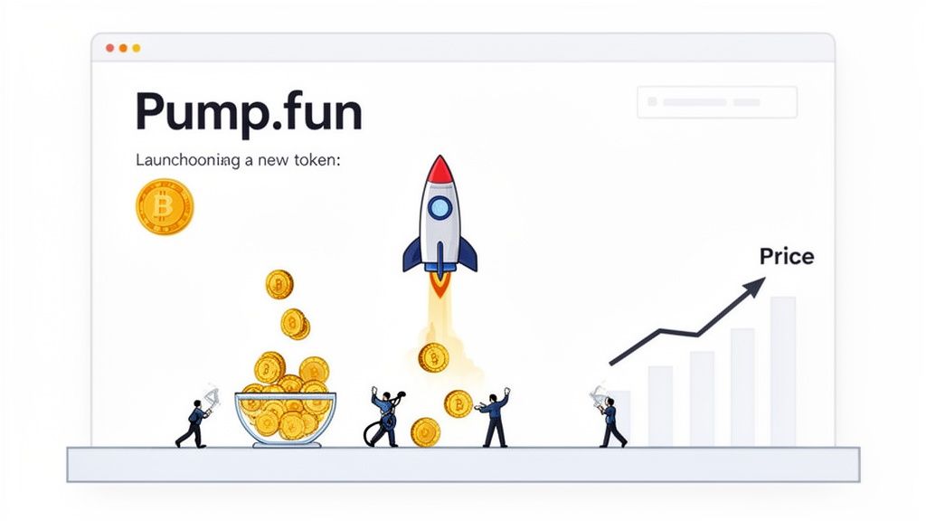 Illustration of Pump.fun website showing a rocket launch, falling coins, and a rising price graph, symbolizing token launch and growth.