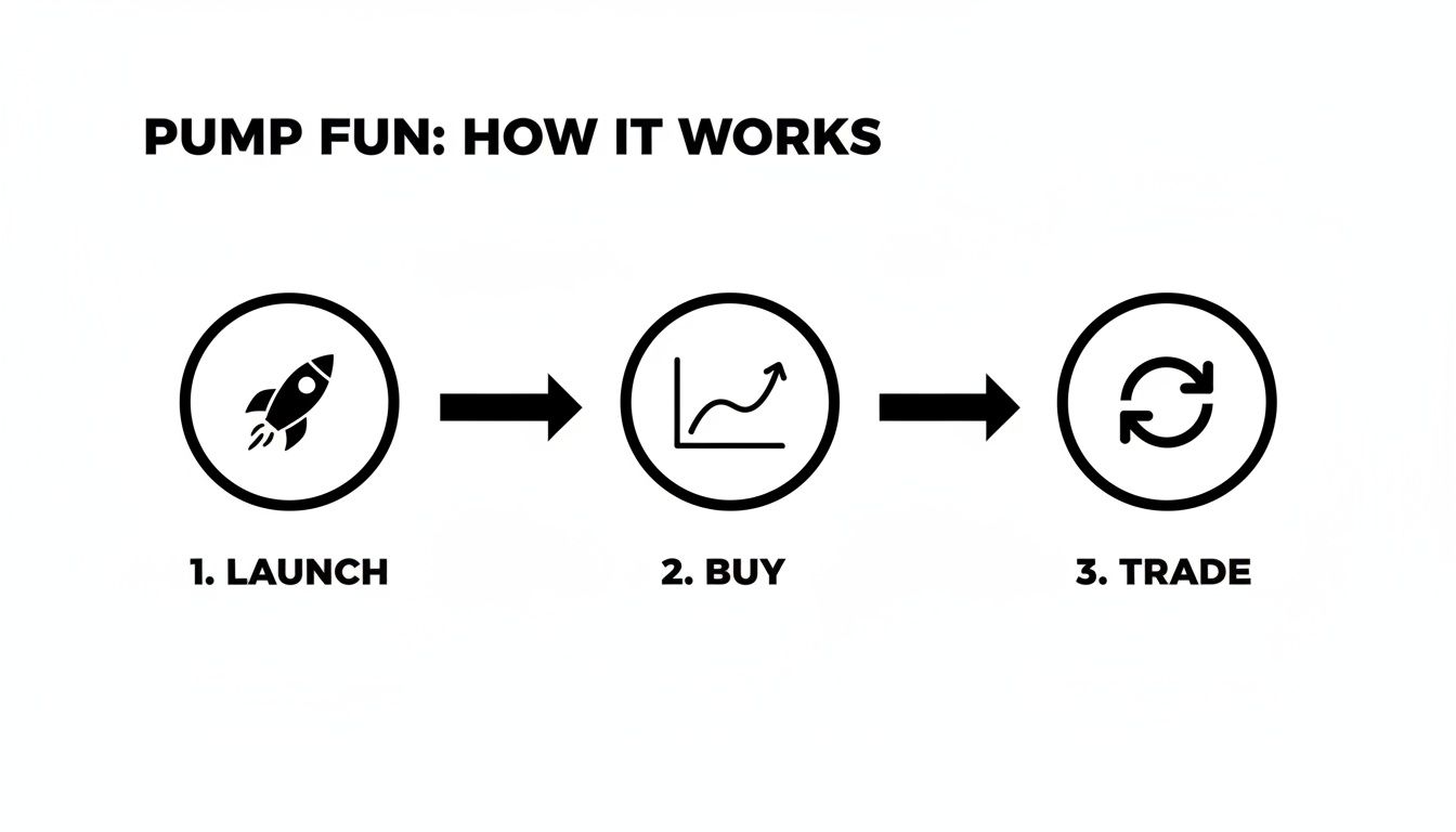 Diagram illustrating the three steps of 'Pump Fun': Launch, Buy, and Trade, with corresponding icons and arrows.
