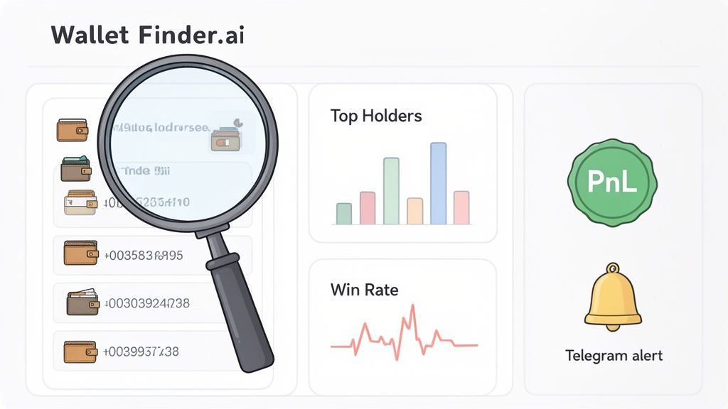 A screenshot of Wallet Finder.ai interface displaying wallet addresses, a top holders chart, win rate graph, PnL icon, and Telegram alert bell.