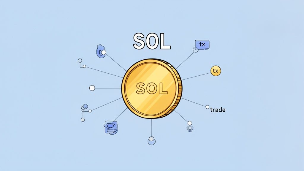 A graphic of a golden SOL coin connected to decentralized applications, transactions, and trade within a network.