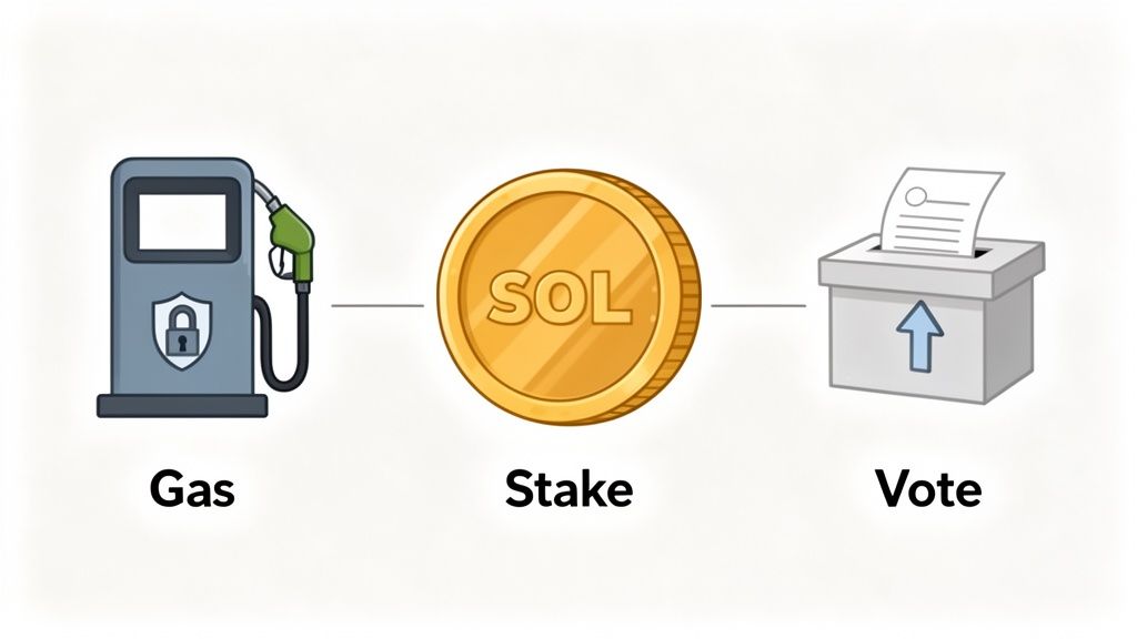 An infographic illustrating the utility of SOL cryptocurrency, showing symbols for gas, stake, and vote.