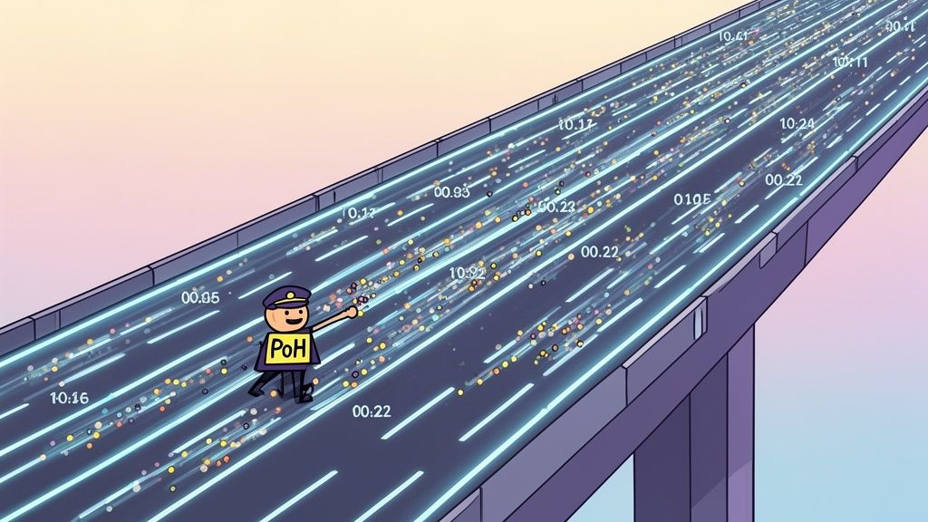 Cartoon character with "PoH" sign oversees a busy digital data highway with timestamps.