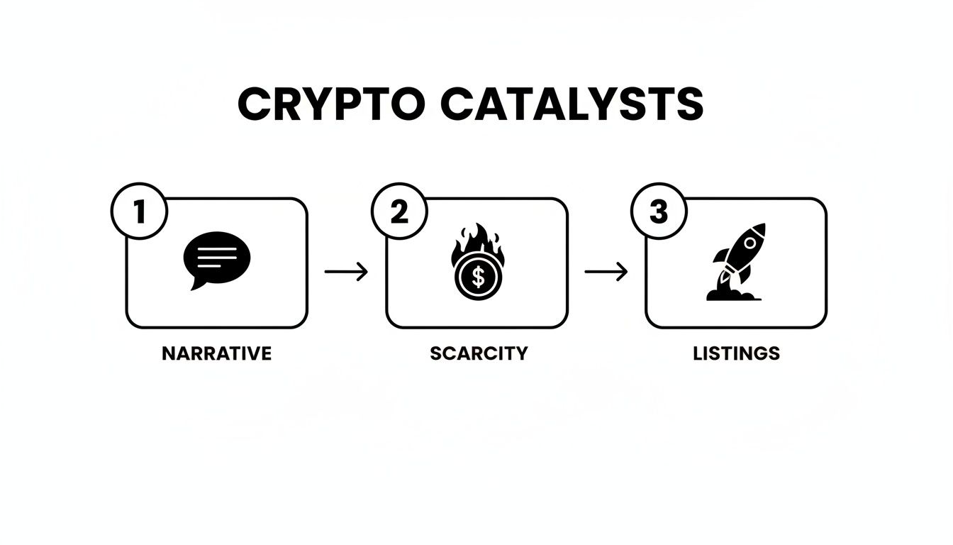 A three-step flowchart illustrating crypto catalysts: Narrative, Scarcity, and Listings, with corresponding icons.