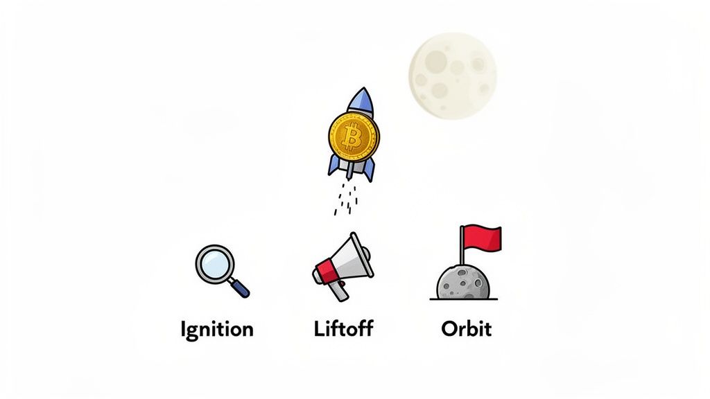 Bitcoin rocket launching towards the moon, representing crypto price stages: Ignition, Liftoff, Orbit.