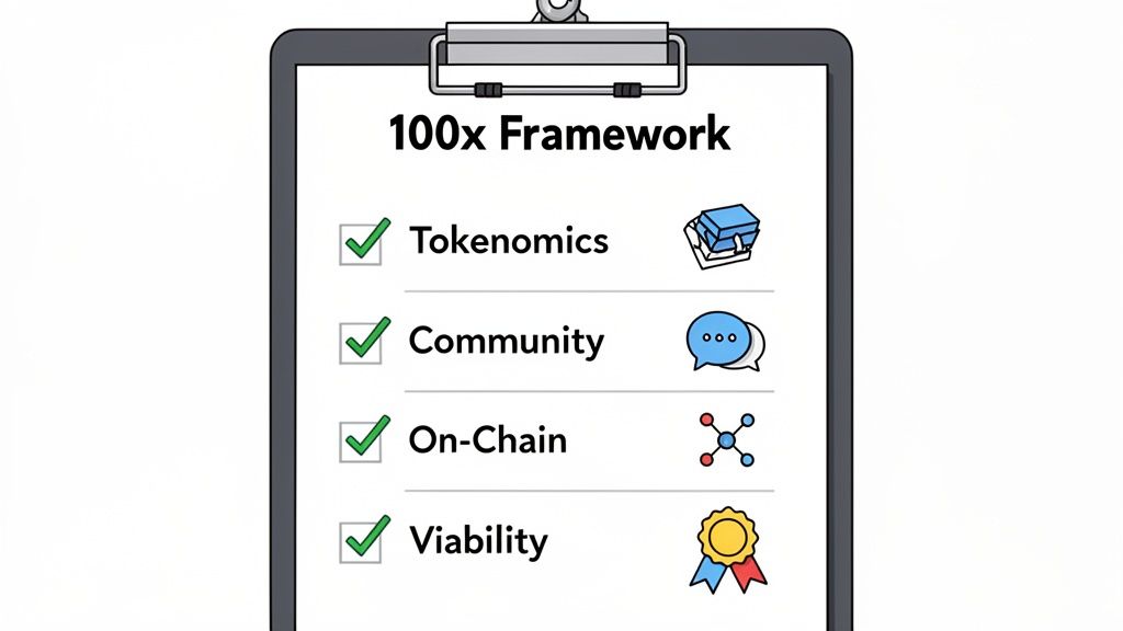A checklist on a clipboard titled '100x Framework' outlining Tokenomics, Community, On-Chain, and Viability.