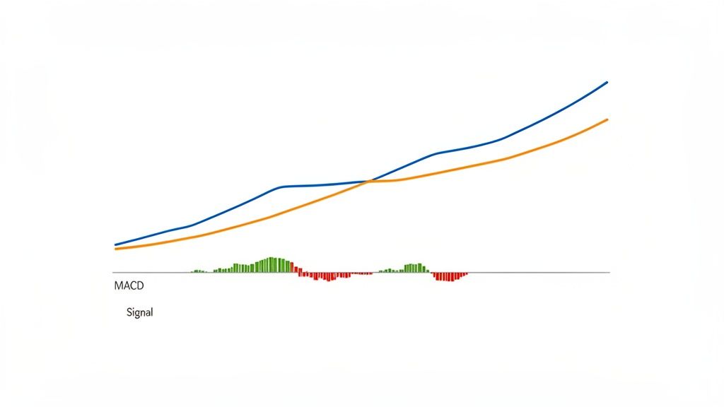 A financial chart displaying two trending lines and a MACD histogram with green and red bars.