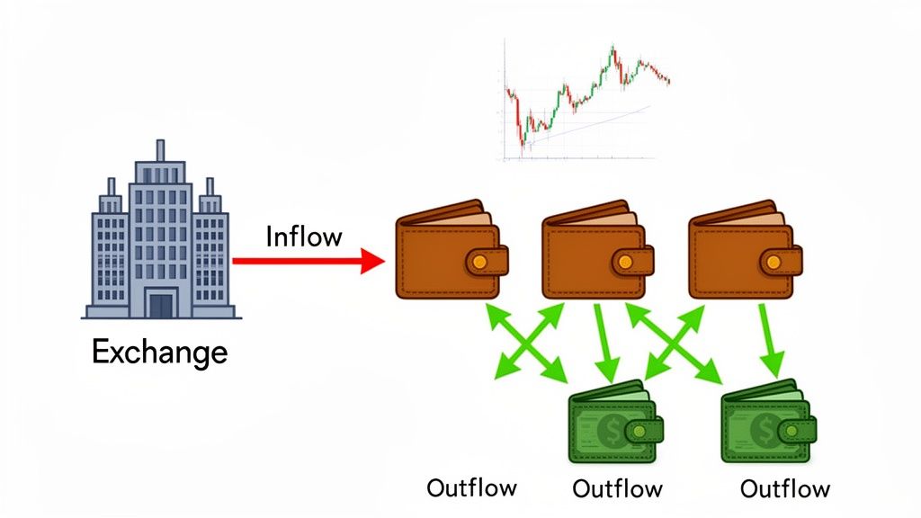 Diagram illustrating cryptocurrency exchange inflow to wallets and subsequent outflows, with a financial chart.