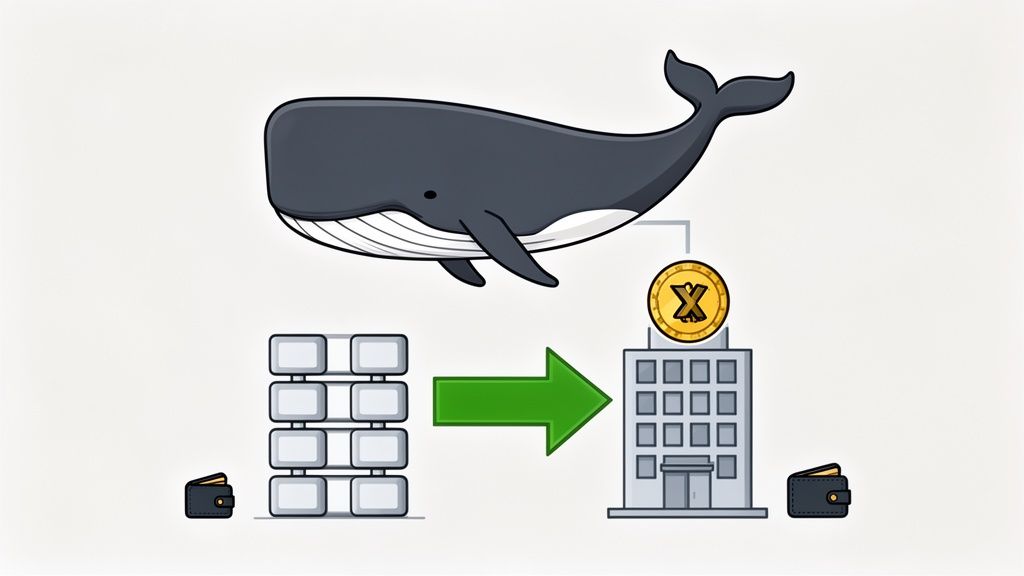 A whale symbolizes a large investor in crypto, overseeing transactions between wallets and a centralized exchange.