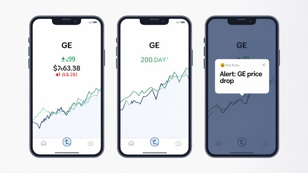 Three smartphones display a stock tracking app showing GE stock data and a price drop alert.