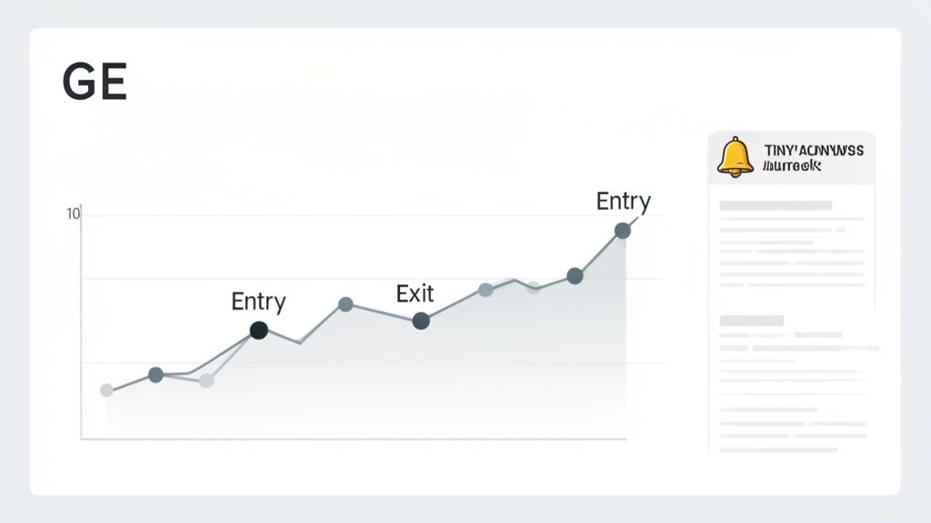 A line graph tracking GE stock price over time, highlighting 'Entry' and 'Exit' points, next to a notification alert panel.