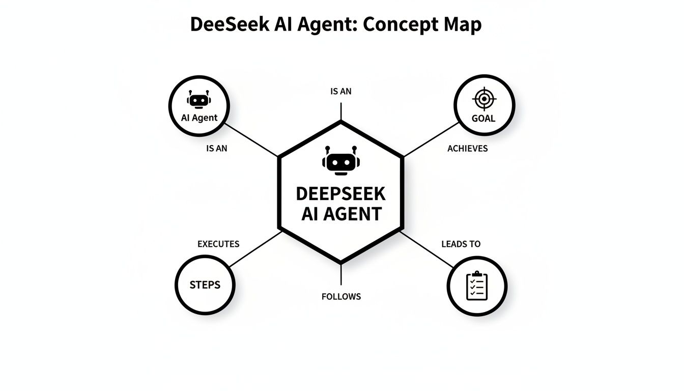 Concept map illustrating the DeeSeek AI Agent's relationships with AI agents, goals, steps, and tasks.