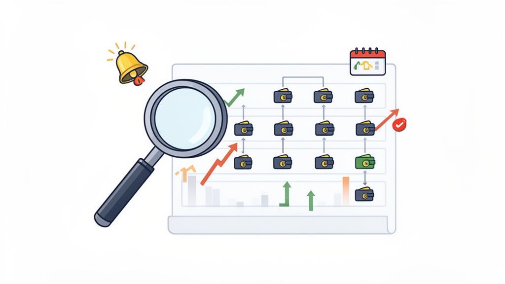 A magnifying glass and bell monitor a flow chart of wallets with upward trend arrows, symbolizing financial analysis.
