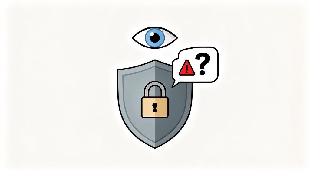 An eye watches over a grey shield with a padlock, symbolizing privacy and security concerns.