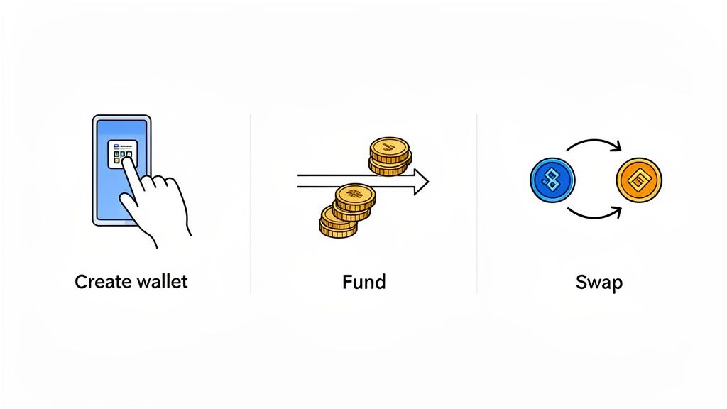 Three illustrated steps: creating a crypto wallet on a phone, funding it with coins, and swapping cryptocurrencies.