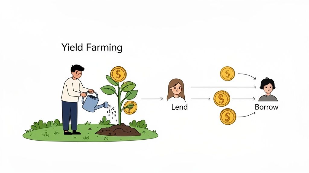 Illustration of yield farming, showing a person watering a plant growing money, and a lending and borrowing process.