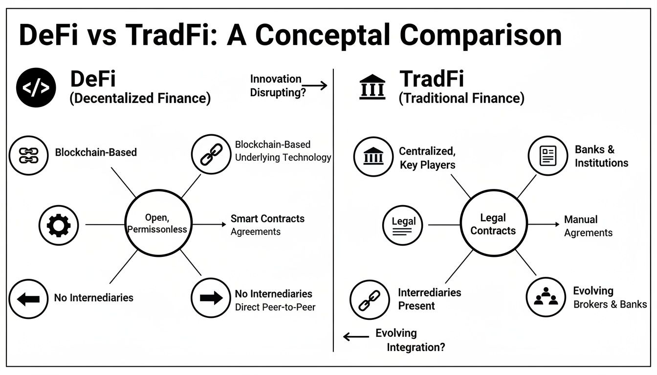 Conceptual comparison of Decentralized Finance (DeFi) versus Traditional Finance (TradFi) with key features.