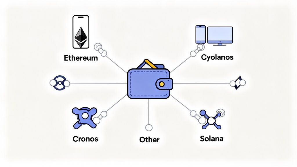 A central DeFi wallet connects to various blockchain networks like Ethereum, Cronos, Solana, and others.