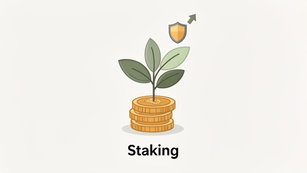 A plant growing from stacked gold coins with a shield and upward arrow, representing secure financial growth and staking.