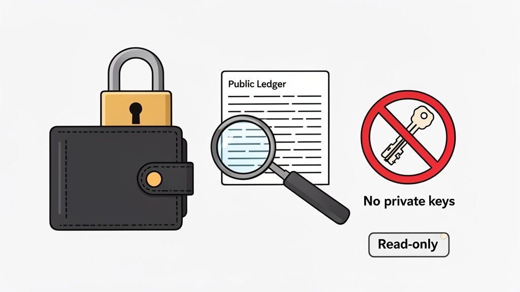 An illustration showing a locked wallet, a public ledger document with a magnifying glass, and a 'no private keys' sign, indicating read-only access.