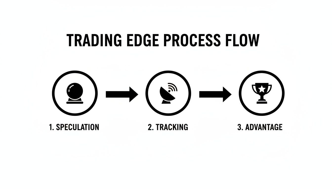 Trading Edge Process Flow diagram with steps: 1. Speculation (crystal ball), 2. Tracking (satellite dish), 3. Advantage (trophy).
