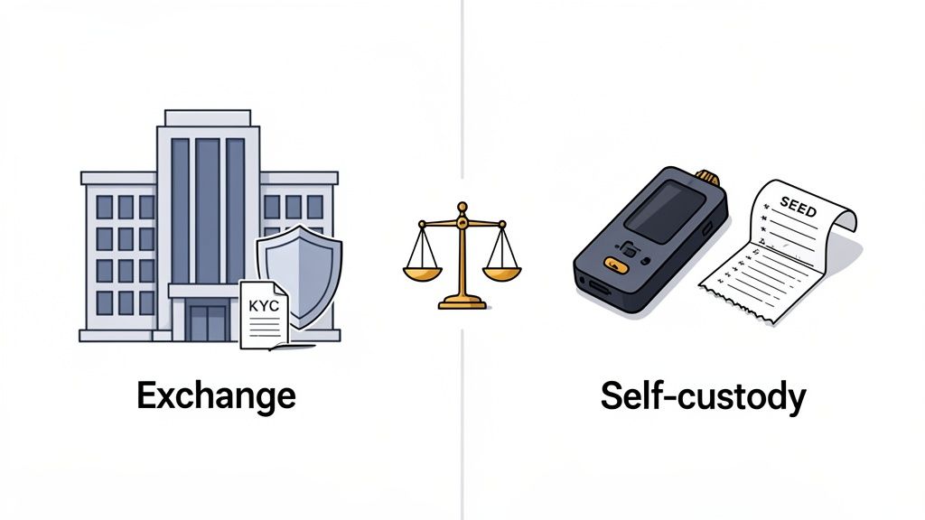 Visual comparison of crypto exchange (building, KYC, shield) versus self-custody (hardware wallet, seed phrase) for asset security.