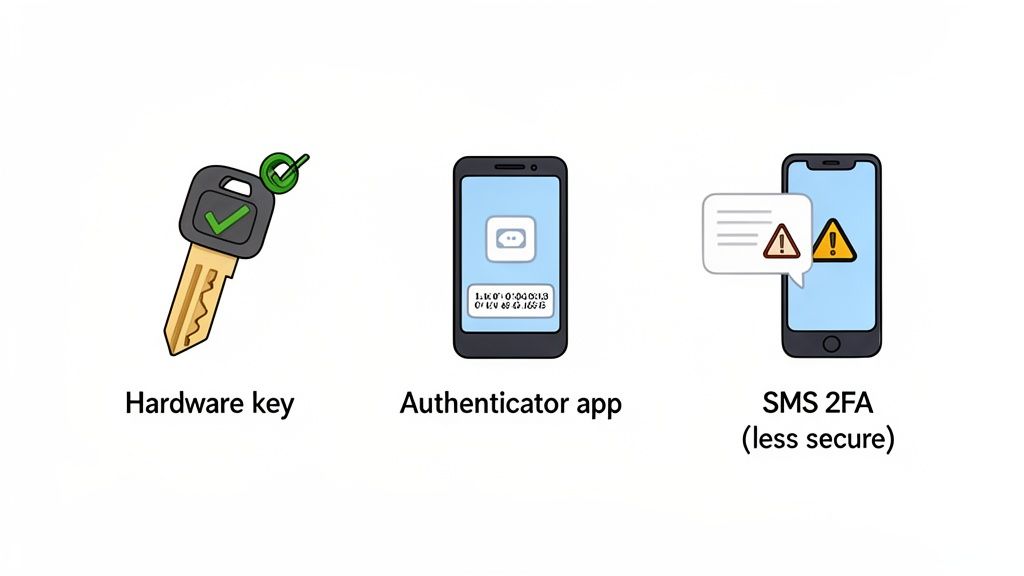 Diagram illustrating different types of two-factor authentication: hardware key, authenticator app, and SMS.
