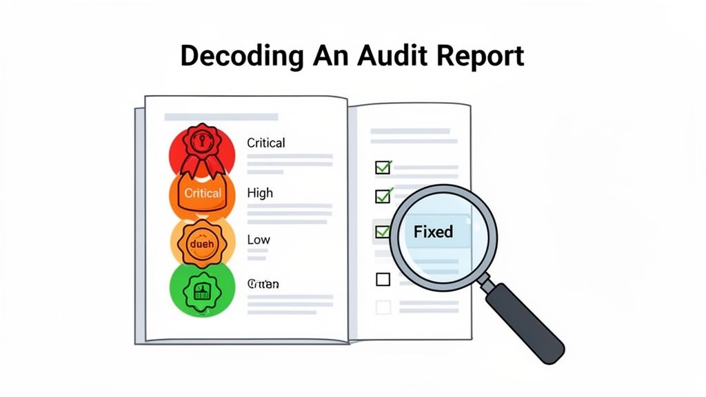 A visual guide decoding an audit report with issue severities and a magnifying glass highlighting a fixed item.