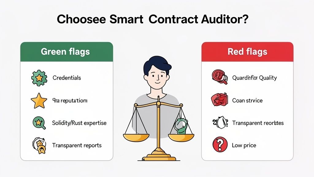 A visual guide outlining key green flags and red flags for selecting a smart contract auditor.