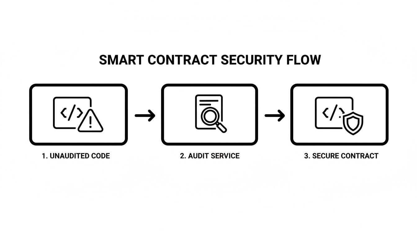 Diagram illustrating the three-step smart contract security flow: unaudited code, audit service, and secure contract.